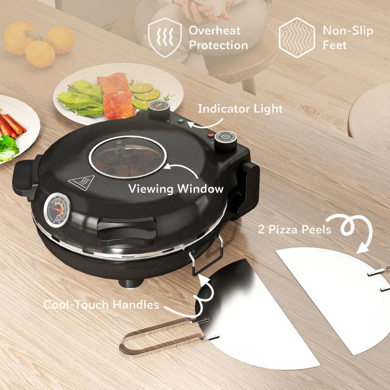 1200W Electric Pizza Oven - 12 Inch Maker with Viewing Window, Dual Knob Temp Control, Timer & Overheat Protection - Black