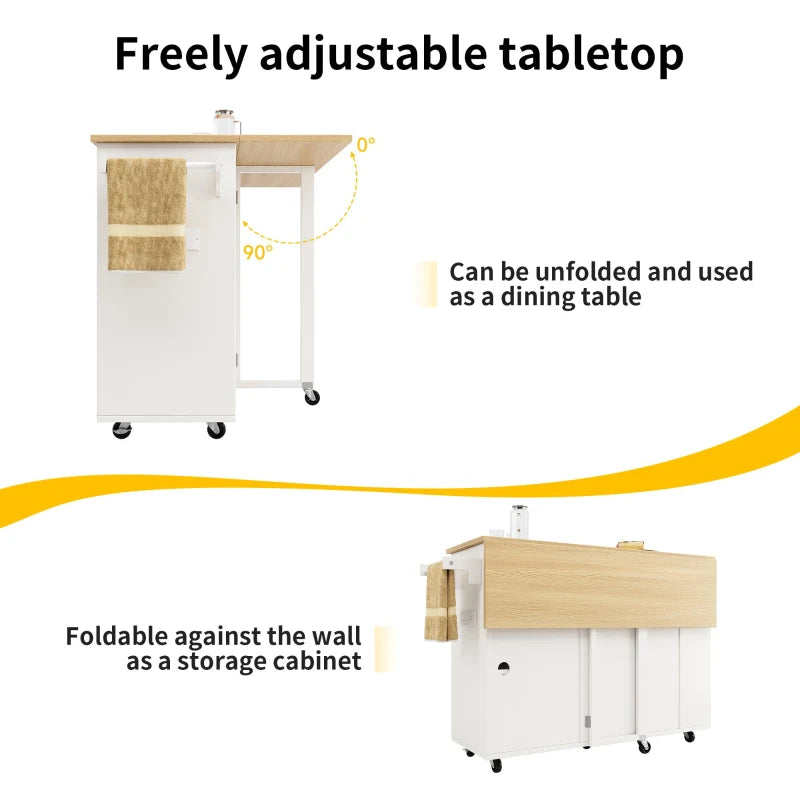 Space-Saving Kitchen Island Trolley with Power Strip, Folding Design & Wine Rack - White & Natural, 131.5L x 76W x 91H cm