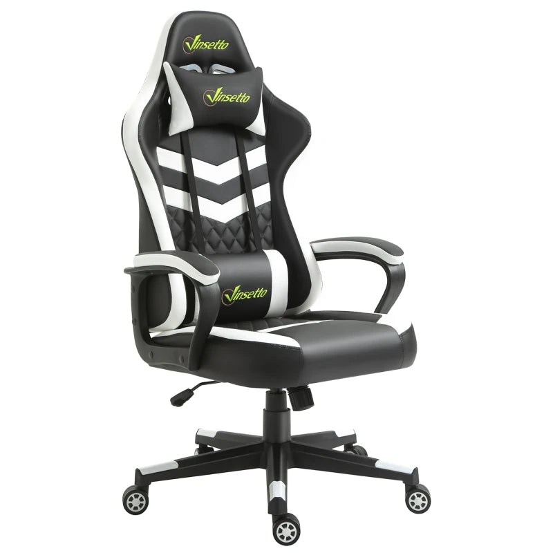 Vinsetto Gaming Chair - Ergonomic Computer Desk Chair with Lumbar Support, Faux Leather, Headrest & Swivel Wheels - Black & White