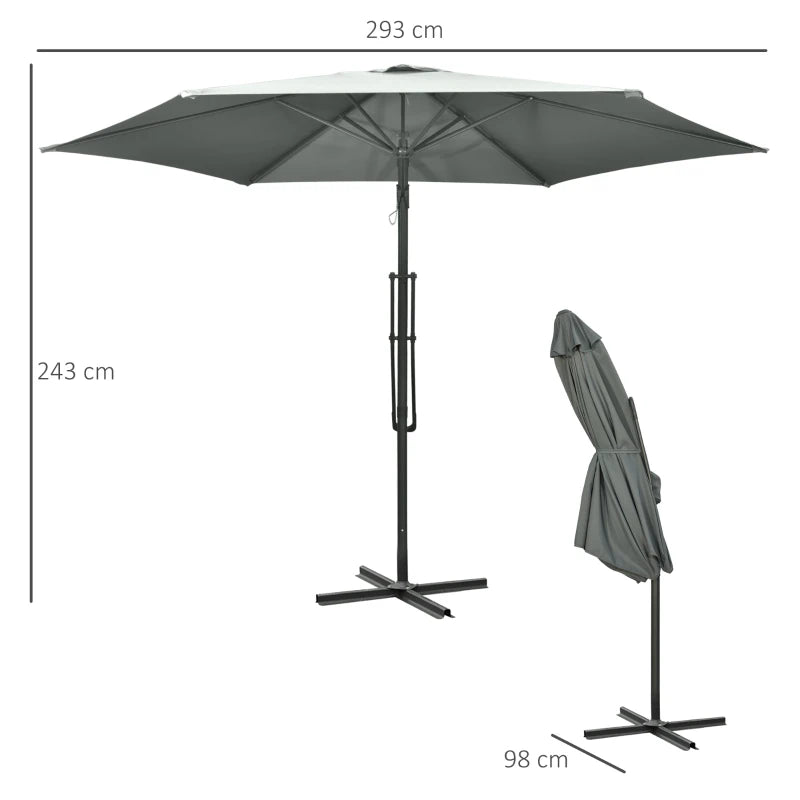 Grey 3m Cantilever Patio Umbrella with Easy Lever and Crank Handle