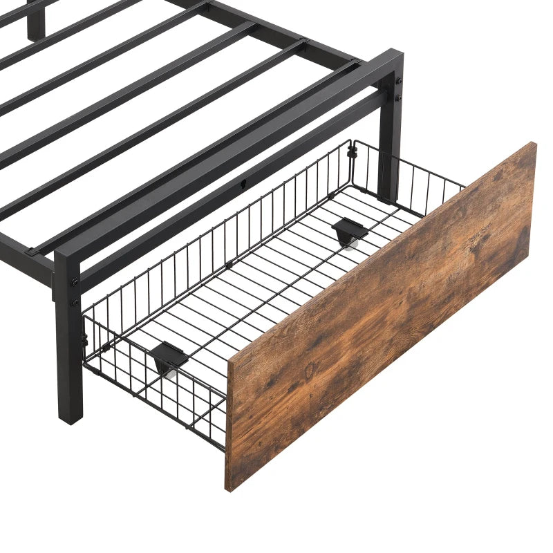 Unique Black Metal Bed with LED Light Strip, USB Ports & Drawer - Modern Bedroom Furniture, 207.5x90.5x105 cm, Dark Walnut Accent