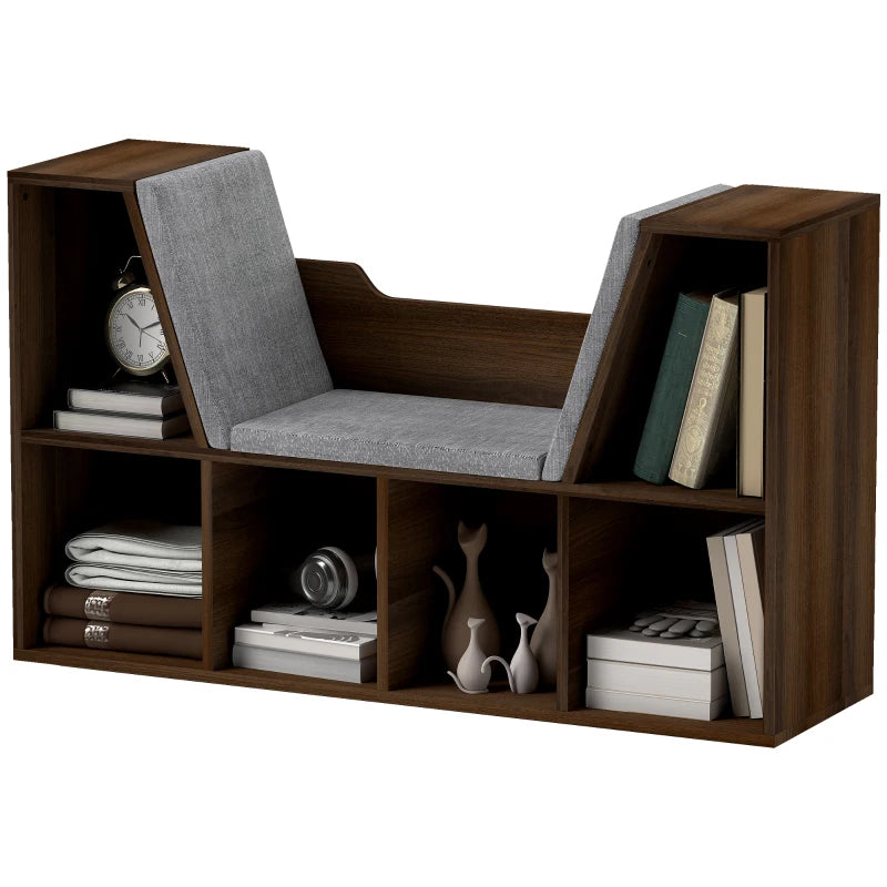 Chestnut Bookcase Storage Shelf with Cushioned Reading Seat - Cube Bookshelf Organizer for Bedroom & Living Room