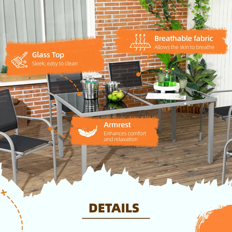 7 Piece Outdoor Garden Dining Set with Table and 6 Stackable Chairs Steel Frame Tempered Glass Top