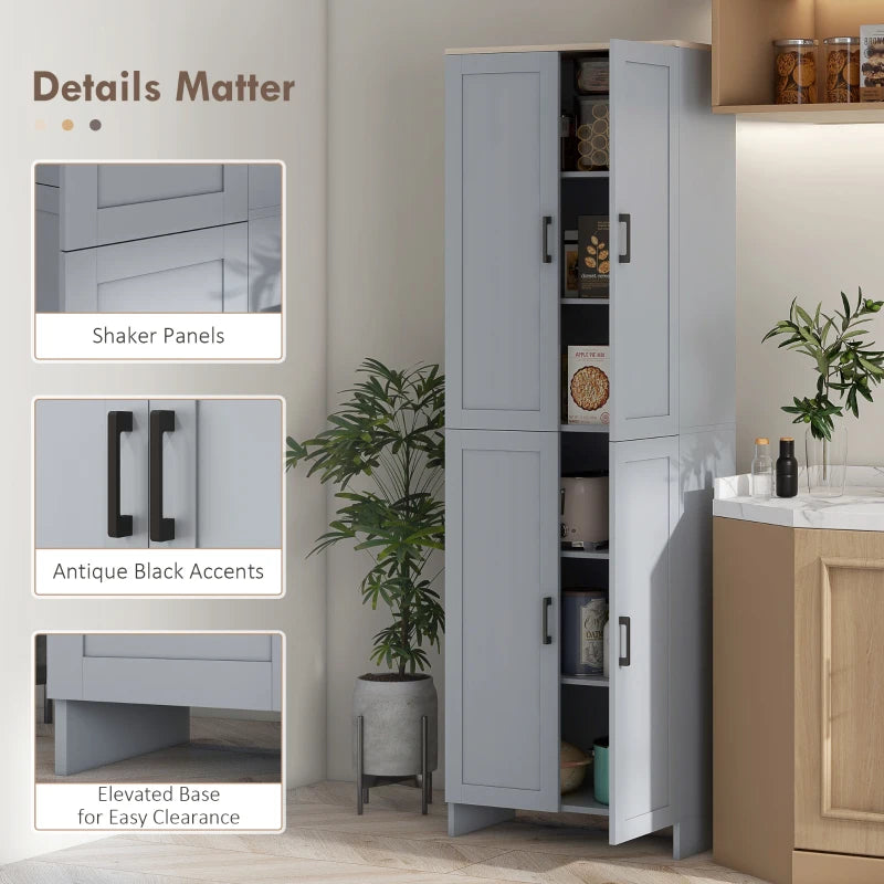 Modern Freestanding Kitchen Cupboard - 4-Door Storage Cabinet with Adjustable Shelves, 170cm Grey Pantry for Dining Room