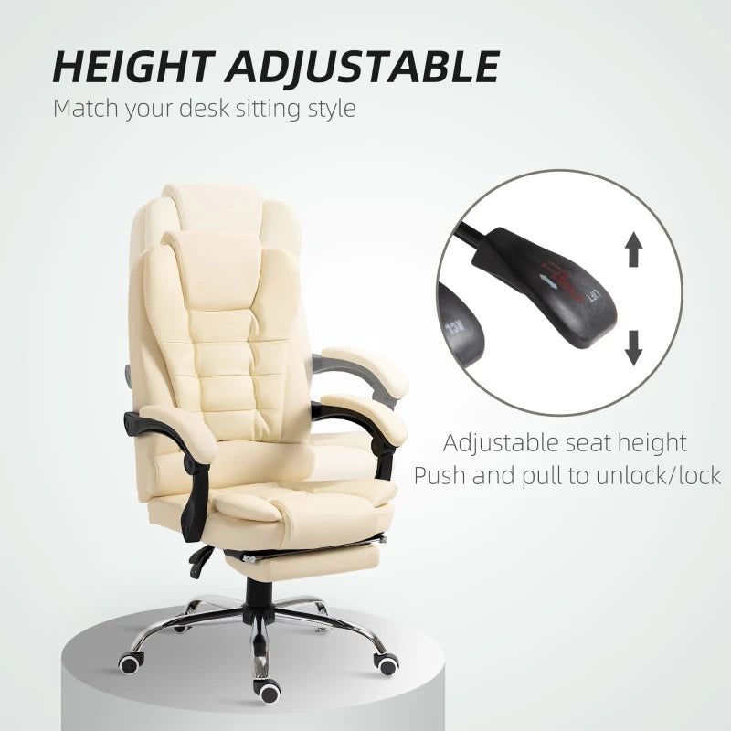 Executive Office Chair - Cream White Home Office Chair with Swivel Wheels, Reclining Backrest & Retractable Footrest