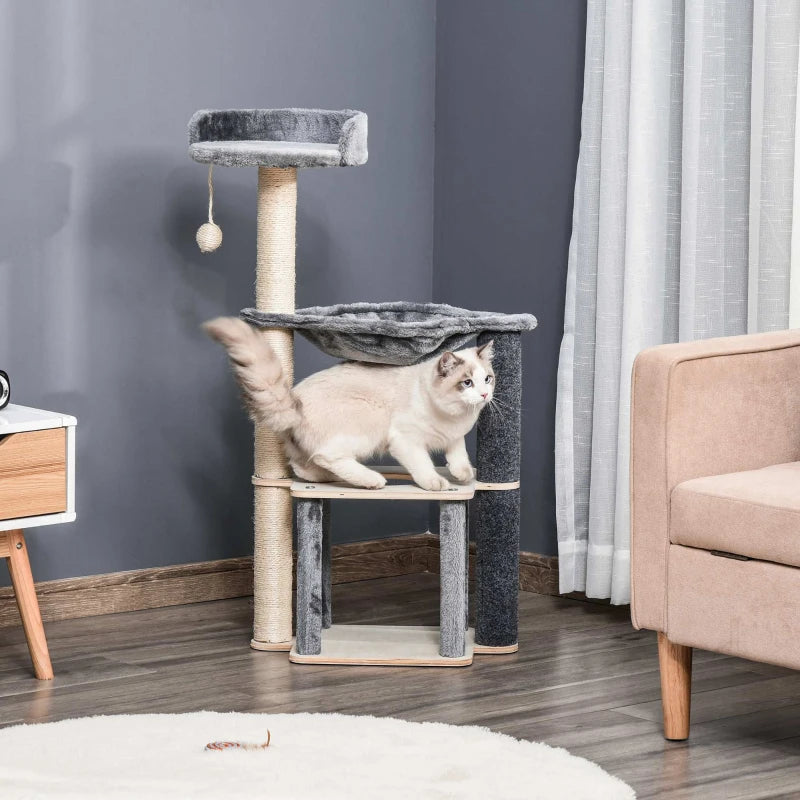 95cm Cat Tree for Indoor Cats - Climbing Tower with Scratching Post, Condo, Hammock & Hanging Toy - Grey