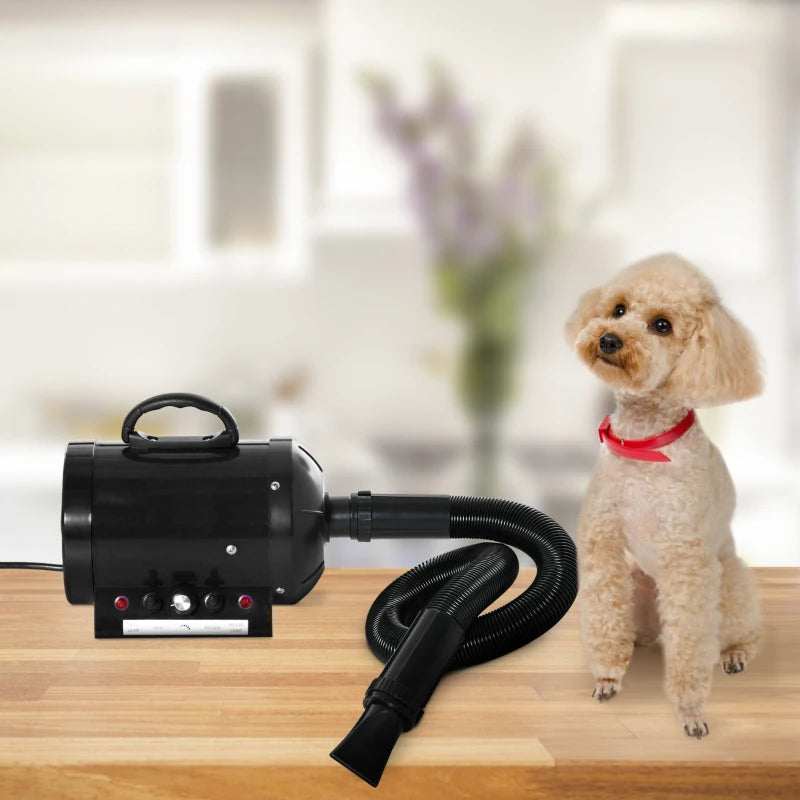 Professional Dog Hair Dryer - Adjustable Speed & Temperature Pet Grooming Blaster with 2.1M Hose & 3 Nozzles - Black