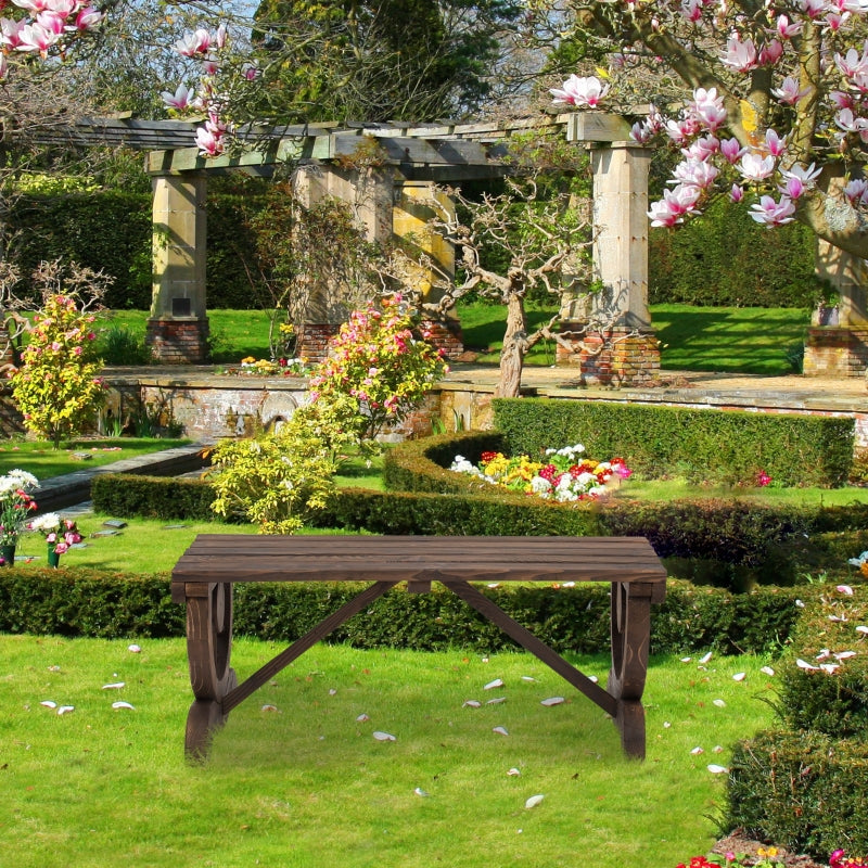 Rustic Brown Wooden Garden Bench with Wheel-Shaped Legs