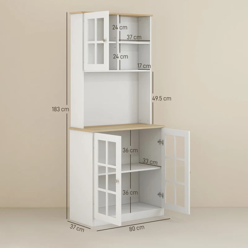 Freestanding Kitchen Storage Cabinet with Adjustable Shelves and Glass Doors 80L x 37W x 183H cm White