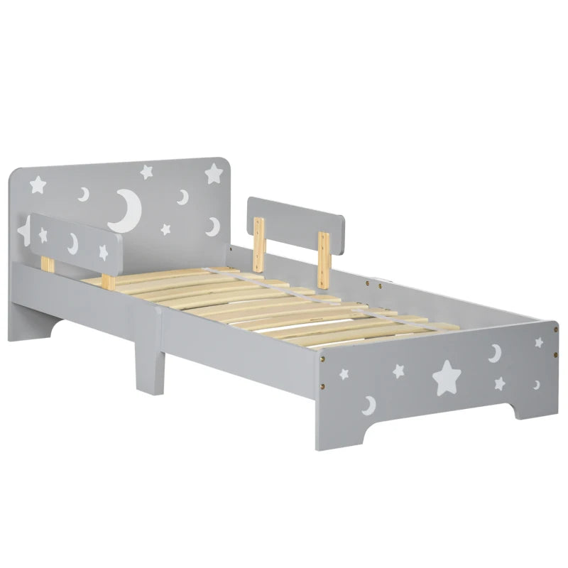 Kids Toddler Bed with Star and Moon Patterns and Side Rails for Ages 3 to 6 Years Grey