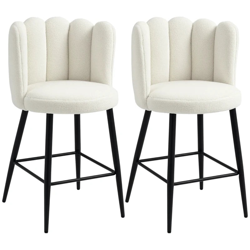Set of 2 Modern Bar Stools - Faux Cashmere Upholstered Kitchen Chairs with Backs, Footrest & Steel Base in Cream