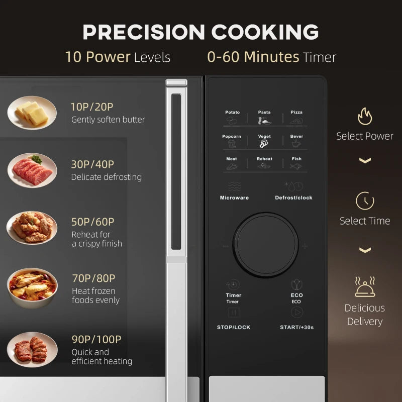 Compact 800W Black Microwave Oven - Digital Solo, 10 Power Levels, 8 Auto Cook Menus, 60 Min Timer, Easy Clean