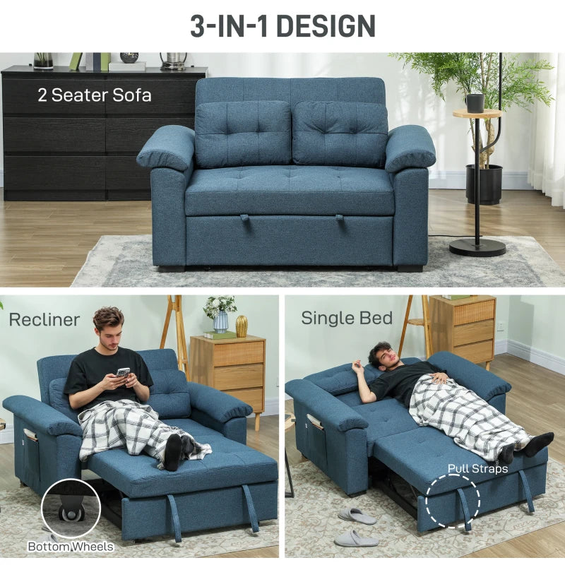 Fabric 2-Seater Click Clack Sofa Bed with Pocket Springs, Convertible Couch with Pillows and Side Pockets in Blue