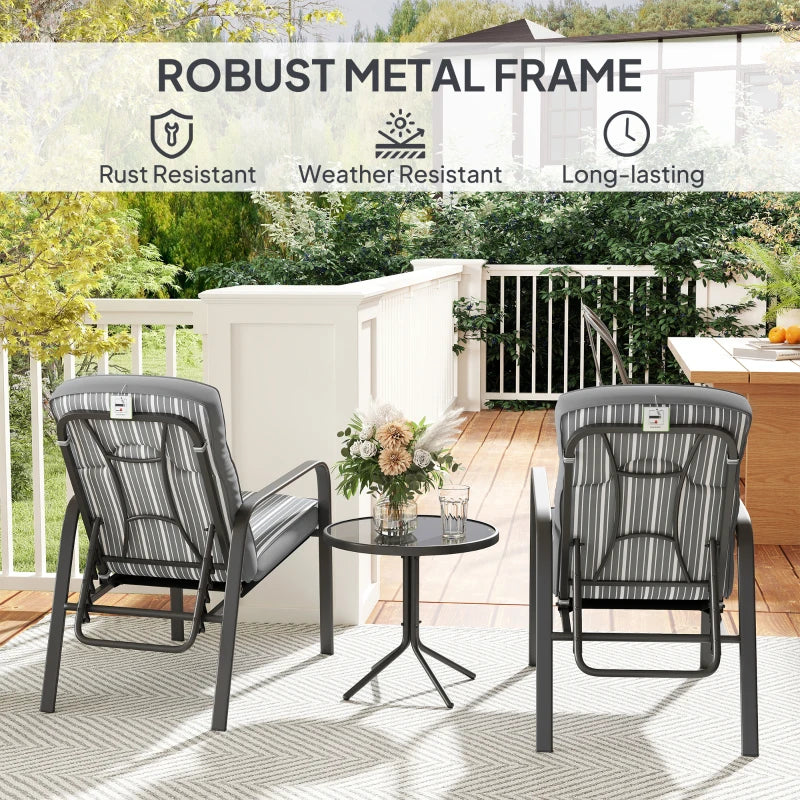 3-Piece Patio Bistro Set with Adjustable Recliner Chairs, Glass Table, Cushions - Grey Garden Furniture