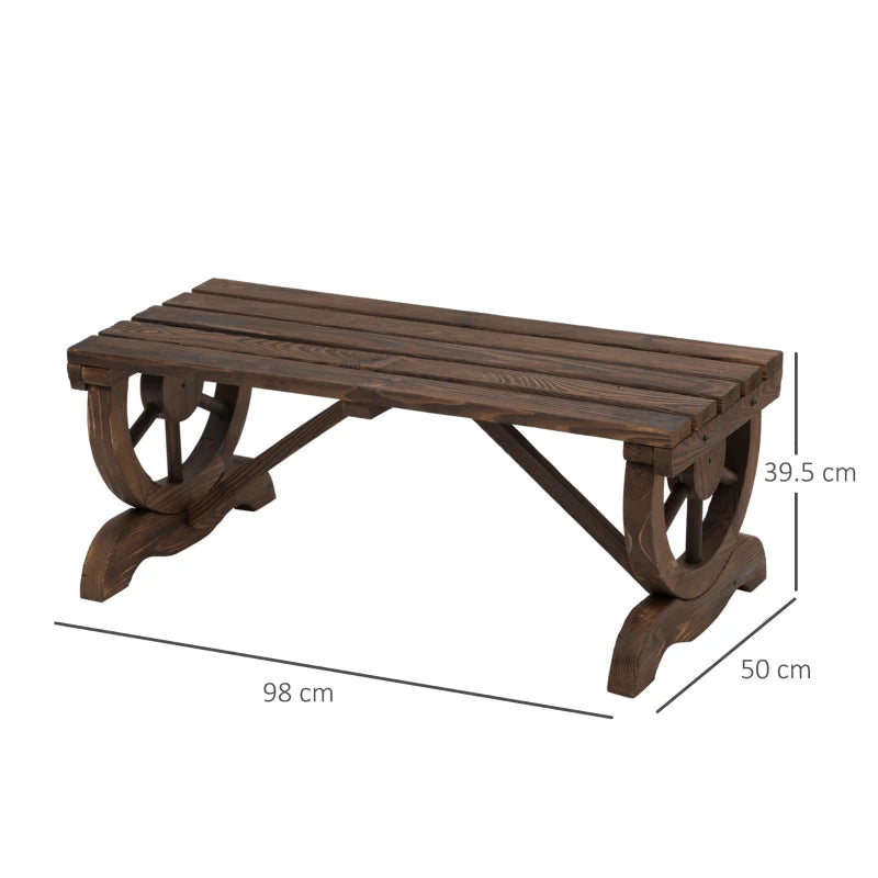 Rustic Brown Wooden Garden Bench with Wheel-Shaped Legs