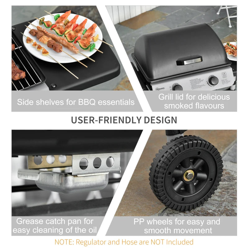 Black 2-Burner Propane Gas BBQ Grill with Side Shelves and Wheels