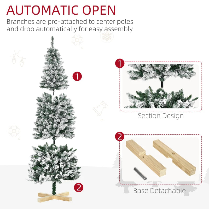 6 Ft Snow Flocked Artificial Christmas Tree - Realistic Pencil Tree with Auto Open & Pinewood Base - Green Xmas Decor