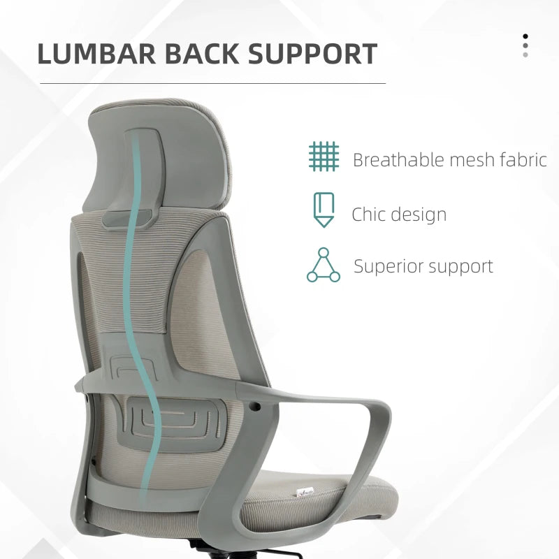 Vinsetto Ergonomic High Back Office Chair - Mesh Desk Chair with Lumbar Support, Adjustable Headrest & Height, Grey
