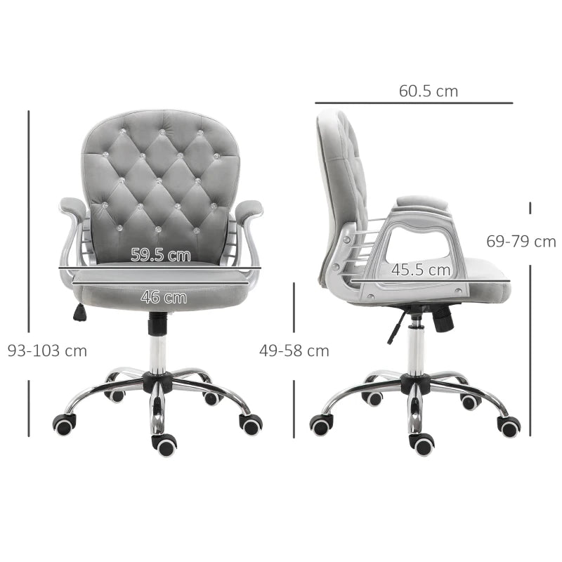 Vinsetto Grey Velvet Office Chair - Swivel Desk Chair with Adjustable Height & Rolling Wheels for Home & Study