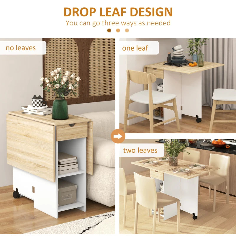 Folding Dining Table with Drop Leaf - Space-Saving Oak Table with Drawer & Storage Shelves for Kitchen & Dining Room