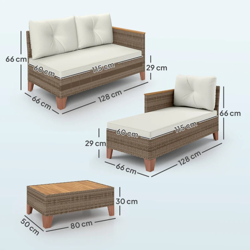 3-Piece Rattan Garden Furniture Set - L-Shaped Chaise Lounge & Coffee Table with Cushions