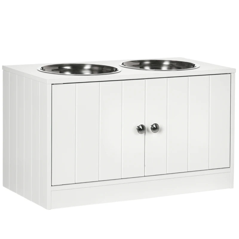 Elevate Your Pet's Dining: Stylish White Raised Feeder with Two Bowls & Convenient Storage