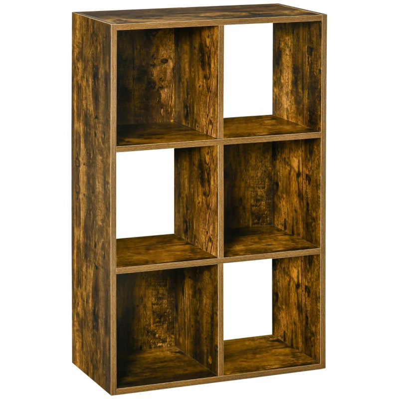 Industrial Style 6-Compartment Storage Shelf - Rustic Brown Freestanding Bookcase for Living Room & Home Study