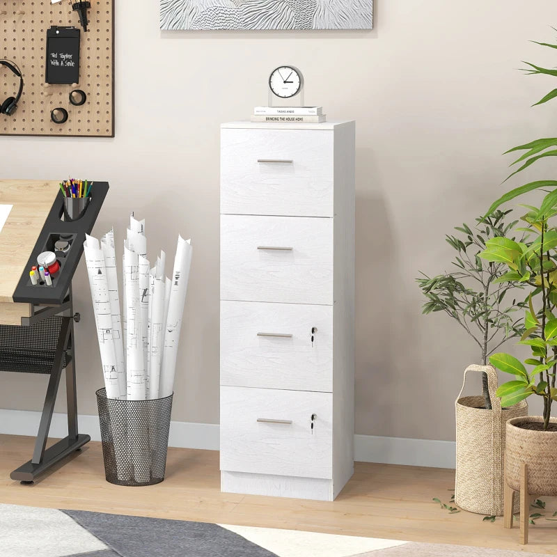 Stylish White Wood Effect Four-Drawer Lockable Filing Cabinet for Secure Document Storage - Ideal for Home or Office
