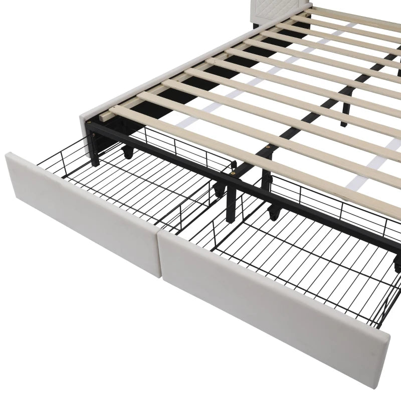 Beige Upholstered Double Bed Frame with Storage Drawers & Headboard Pockets - Velvet & Plywood, 229L x 222.5W x 87.5H cm