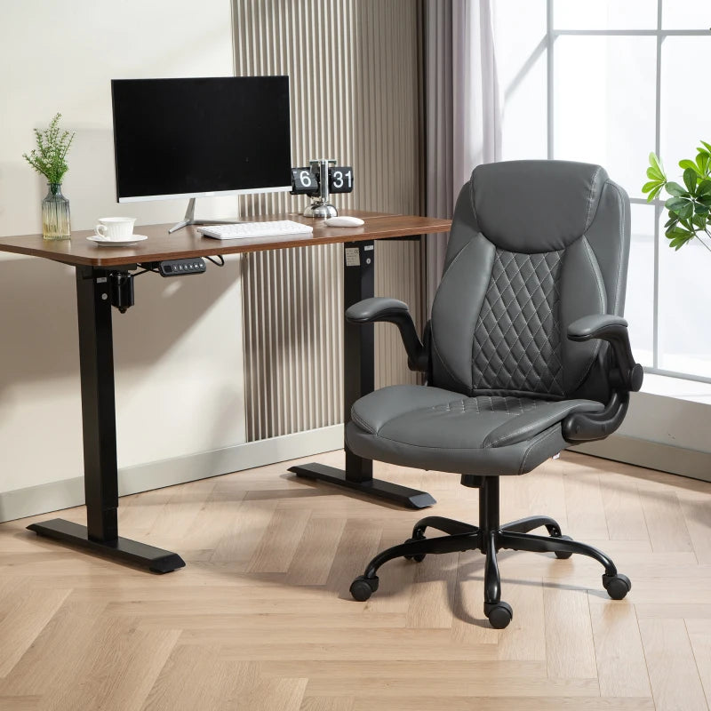 Charcoal Grey Faux Leather Office Chair with Flip-Up Armrests - Ergonomic Design for Comfort and Style