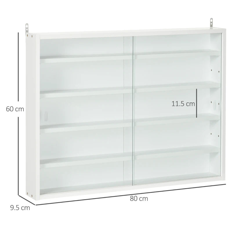 5-Tier Wall Display Shelf Unit with 4 Adjustable Shelves & Glass Doors - White Cabinet for Home Office Ornaments 60x80cm