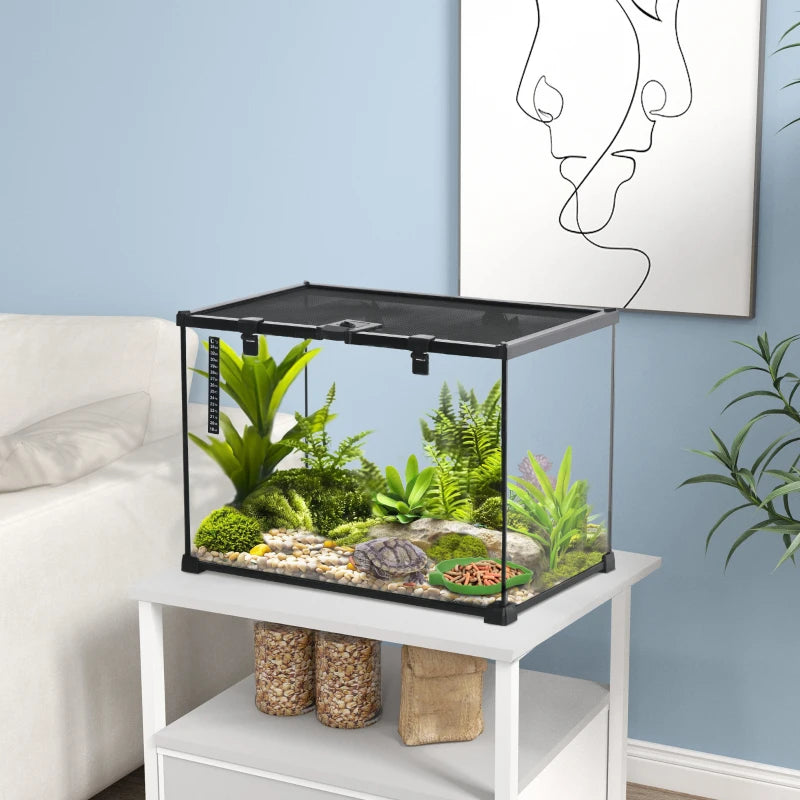 Large Glass Reptile Terrarium 50x30x35cm - Insect Breeding Tank with Thermometer for Lizards, Frogs, Snakes & Spiders