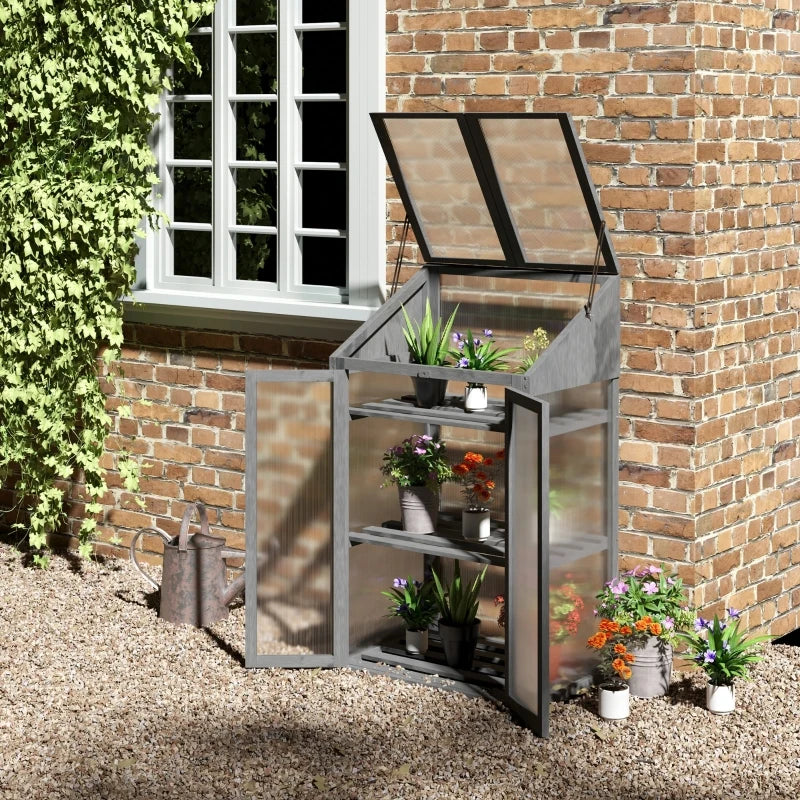 Grey Wooden Cold Frame Greenhouse with Openable Top Cover and Double Door, 70 x 50 x 120cm