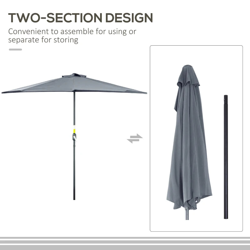 Grey 2.7m Half Garden Parasol with 5 Steel Ribs