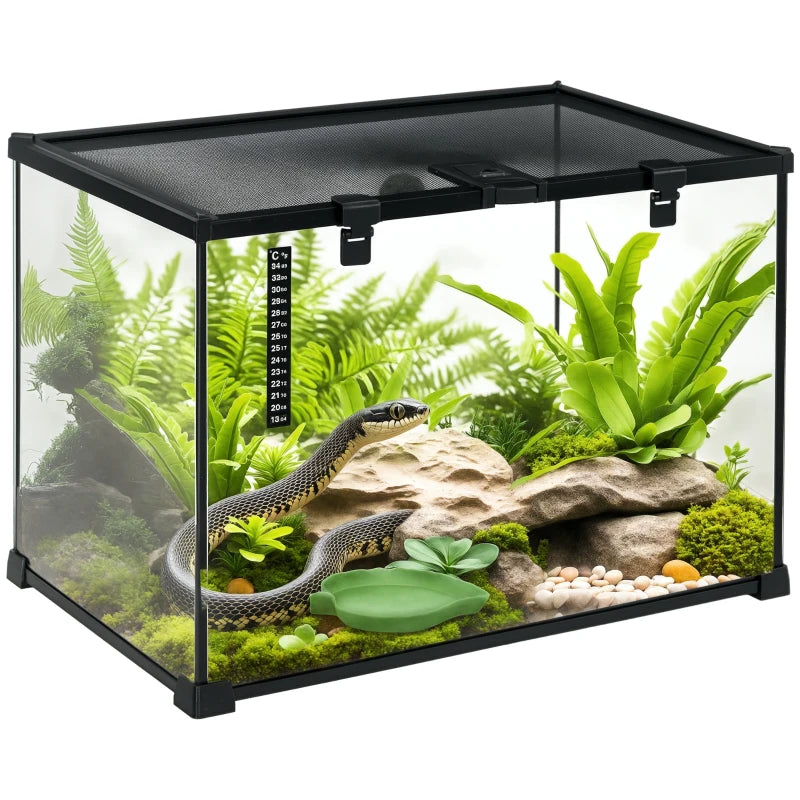 Large Glass Reptile Terrarium 50x30x35cm - Insect Breeding Tank with Thermometer for Lizards, Frogs, Snakes & Spiders