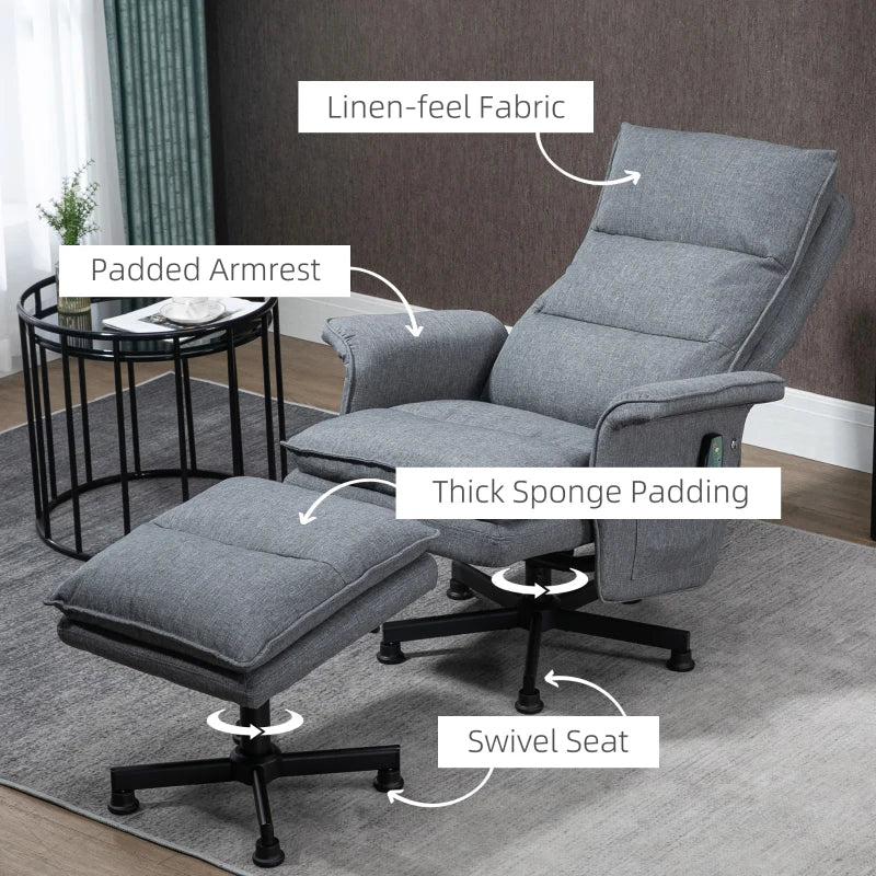 Upholstered Swivel Recliner Chair with Footstool, Remote-Controlled Massage Armchair, Timer and Steel Base in Grey