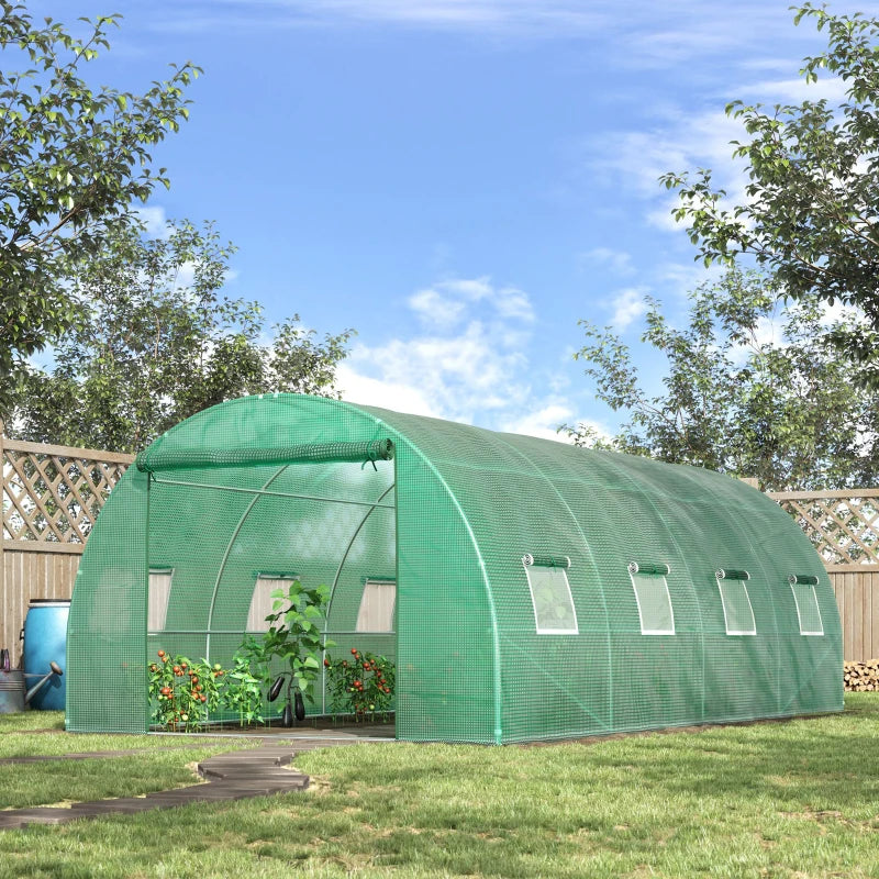 Green Walk-in Garden Tunnel Greenhouse, 6x3M, Roll-Up Door, 8 Windows