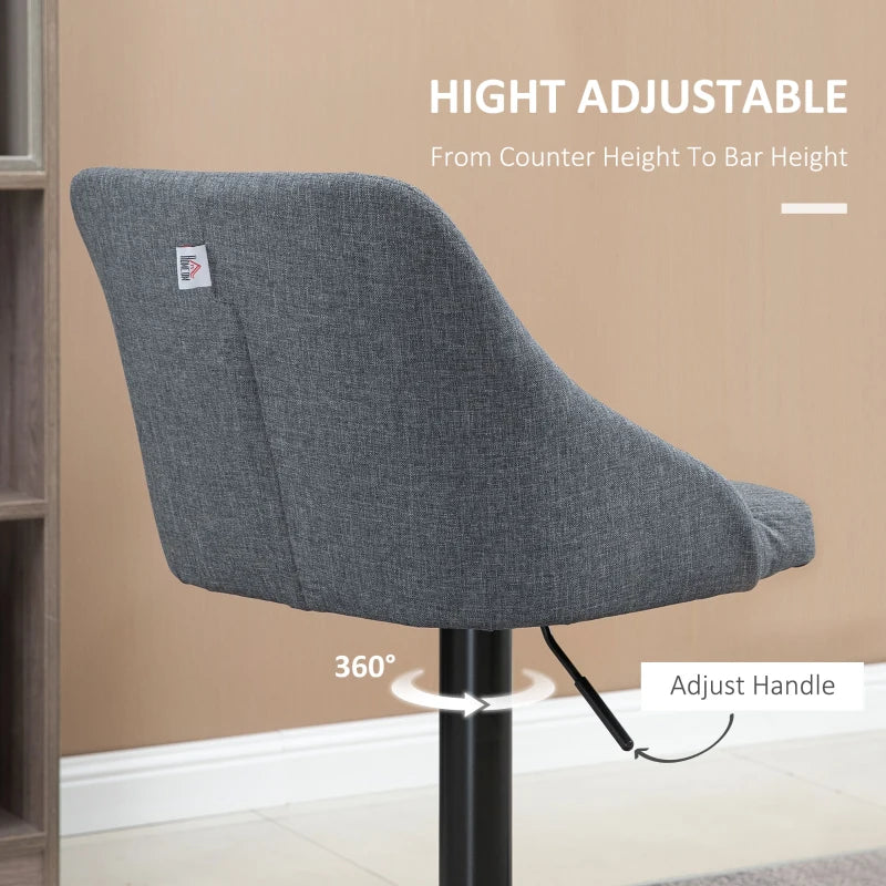 Modern Adjustable Bar Stools Set of 2 - Swivel Fabric Barstools with Footrest, Armrests & Back for Kitchen & Dining - Dark Grey