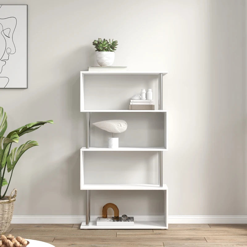 Modern S Shape 5-Tier Bookcase - Freestanding White Bookshelf for Home Office, Study & Living Room, 80x30x145cm