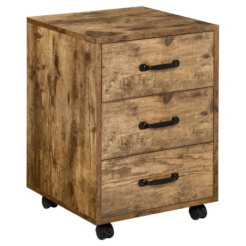 Rustic Brown 3 Drawer Mobile File Cabinet on Wheels - Perfect for Home Office & Study Organization