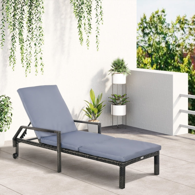 Grey Rattan Outdoor Sun Lounger with Adjustable Backrest and Wheels