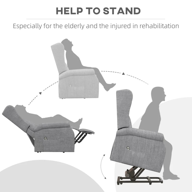 Electric Lift Recliner Armchair for Elderly - Fabric Riser Chair with Remote, Side Pockets, Extended Footrest, Grey