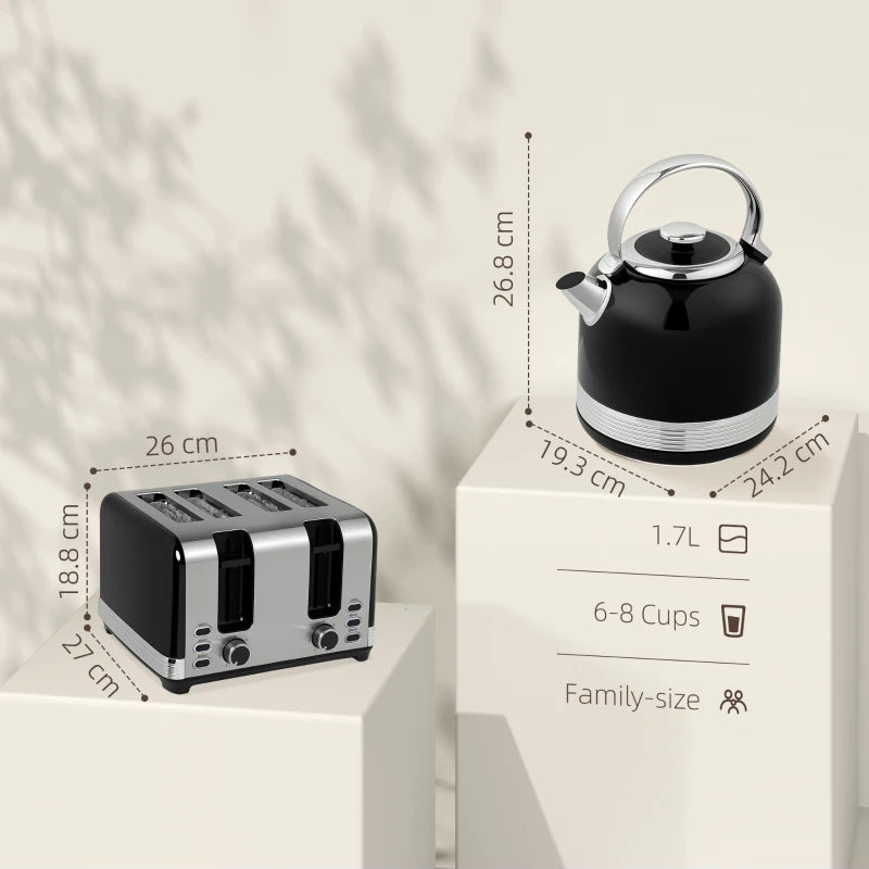 Polished Black Stainless Steel Kettle and Toaster Set - Stylish Kitchen Appliances for Modern Homes