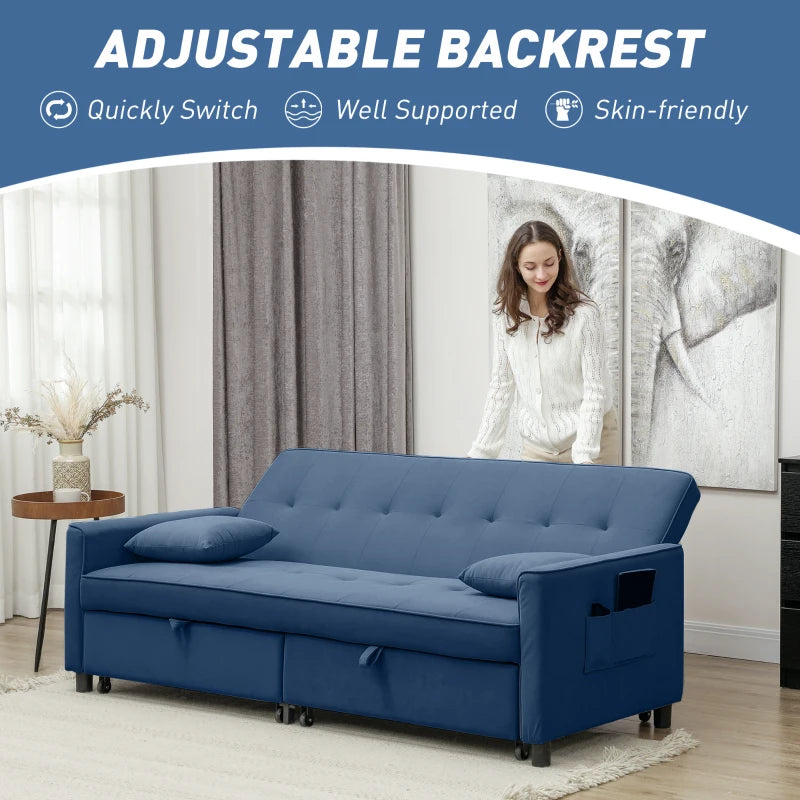 Three-Person Velvet Sofa Bed in Blue - Stylish and Comfortable Seating Solution