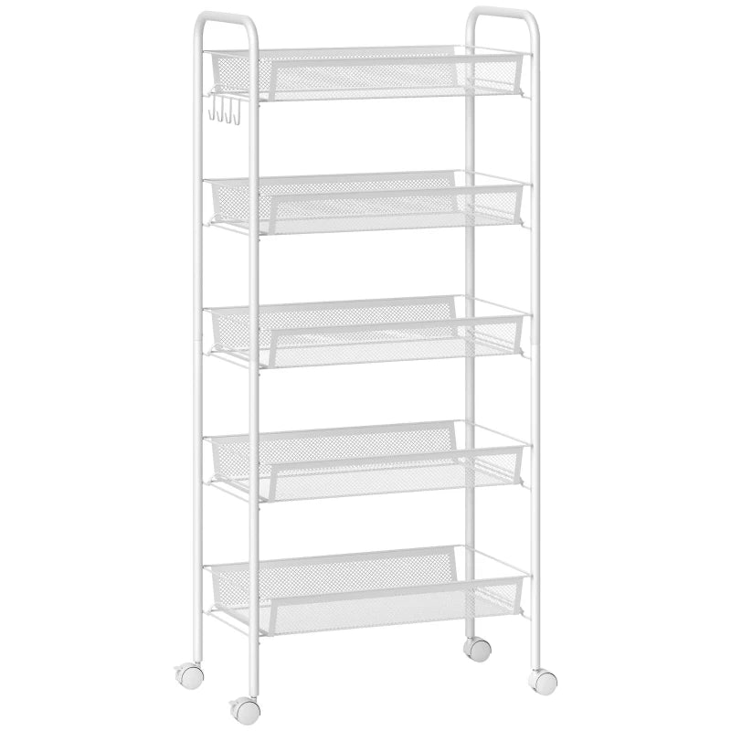 Five-Steel Mesh Storage Trolley with Wheels - Versatile White Basket Organizer for Home, Office, and Kitchen