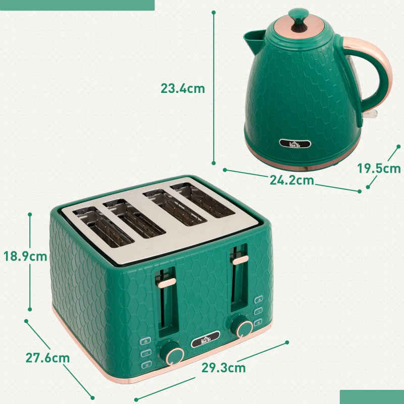 Green Kettle and Toaster Set - 1.7L Fast Boil Jug Kettle & 4 Slice Toaster with 7 Browning Levels, UK Thermostat