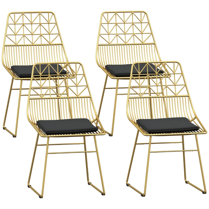 Luxurious Set of 4 Dining Chairs - Metal Wire Kitchen Chairs with Velvet Cushions, Cut-out Back & Gold Steel Frame