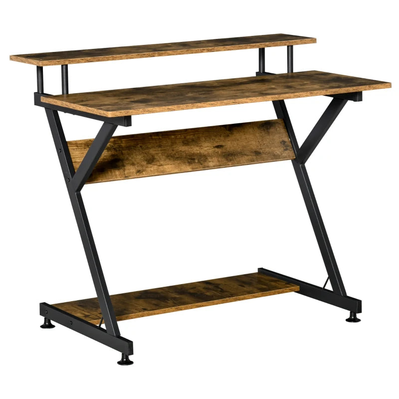 Industrial Computer Desk with Monitor Stand - 100x60cm Compact Home Office Desk for Small Spaces - Rustic Brown Finish