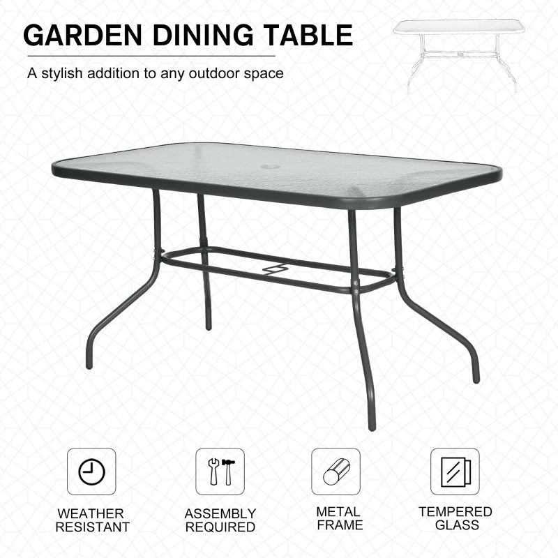 Grey Outdoor Dining Table with Glass Top and Parasol Hole - 140x80cm
