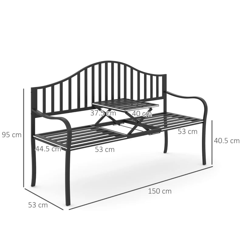 Metal Garden Bench with Table, 160x53x95 cm, Black